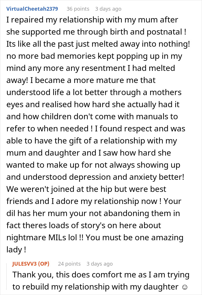 Online discussion post by a user sharing their experience rebuilding a relationship with mother Online discussion post by a user sharing their experience rebuilding a relationship with mother