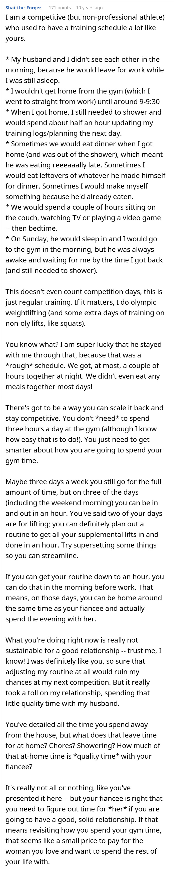 Comment discussing challenges balancing competitive athlete training schedule with relationship quality Comment discussing challenges balancing competitive athlete training schedule with relationship quality