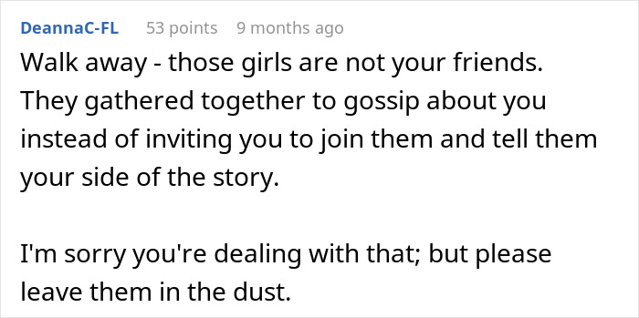 A Reddit comment advising a woman to walk away from toxic friends after a relationship nightmare. A Reddit comment advising a woman to walk away from toxic friends after a relationship nightmare.