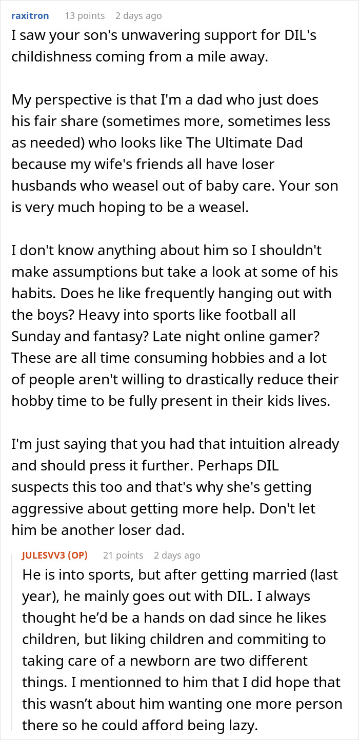 Online forum post analyzing whether a son will be a lazy or hands-on dad to a newborn. Online forum post analyzing whether a son will be a lazy or hands-on dad to a newborn.