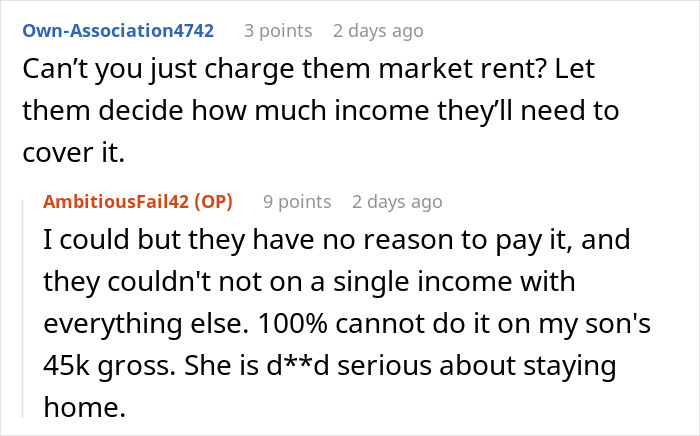 A screenshot of a Reddit discussion about parents giving son free housing, discussing market rent.
