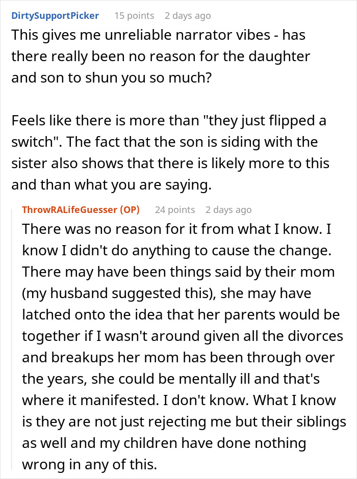 A screenshot of online forum comments questioning the situation with the stepmom.