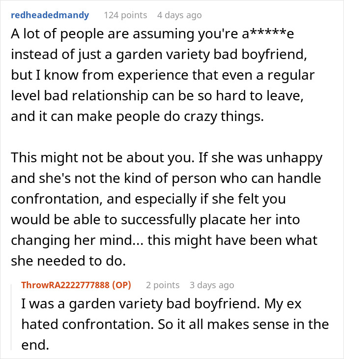 A Reddit comment section discussing the man proposing and his girlfriend suddenly leaving while he's at work. A Reddit comment section discussing the man proposing and his girlfriend suddenly leaving while he's at work.