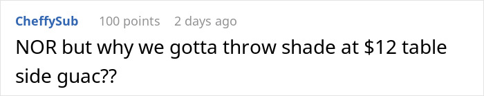 Humorous comment defending table-side guac from a post about a woman looking for romance Humorous comment defending table-side guac from a post about a woman looking for romance