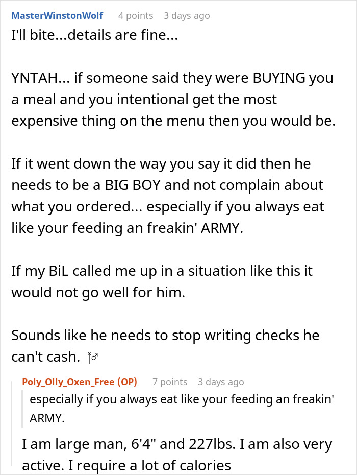 A screenshot of a Reddit comment about a man's BIL paying for breakfast and then blaming him. A screenshot of a Reddit comment about a man's BIL paying for breakfast and then blaming him.