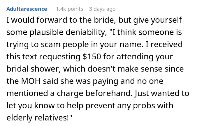 A comment advising to forward the $150 payment request to the bride, mentioning the MOH's bridal shower scam.