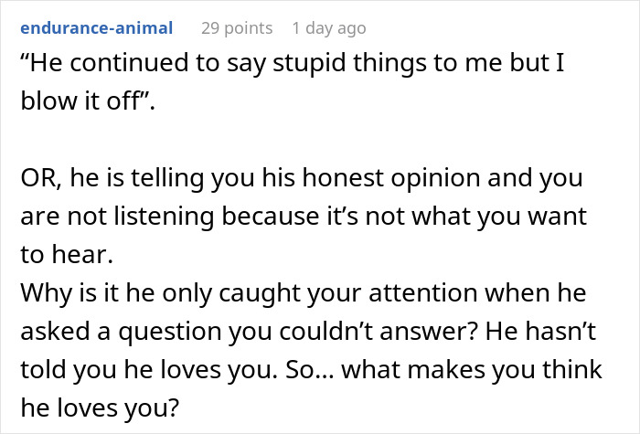 A social media comment questioning why a girlfriend thinks her boyfriend loves her when he hasn't said I love you.