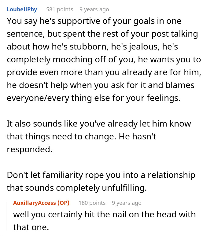 A screenshot of a Reddit comment advice on a relationship with a jobless BF who provides no support