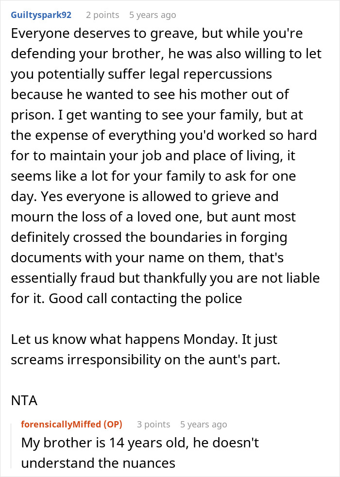 A Reddit comment details the ethical dilemma of a prison break, with the victim's brother enabling the aunt's actions. A Reddit comment details the ethical dilemma of a prison break, with the victim's brother enabling the aunt's actions.