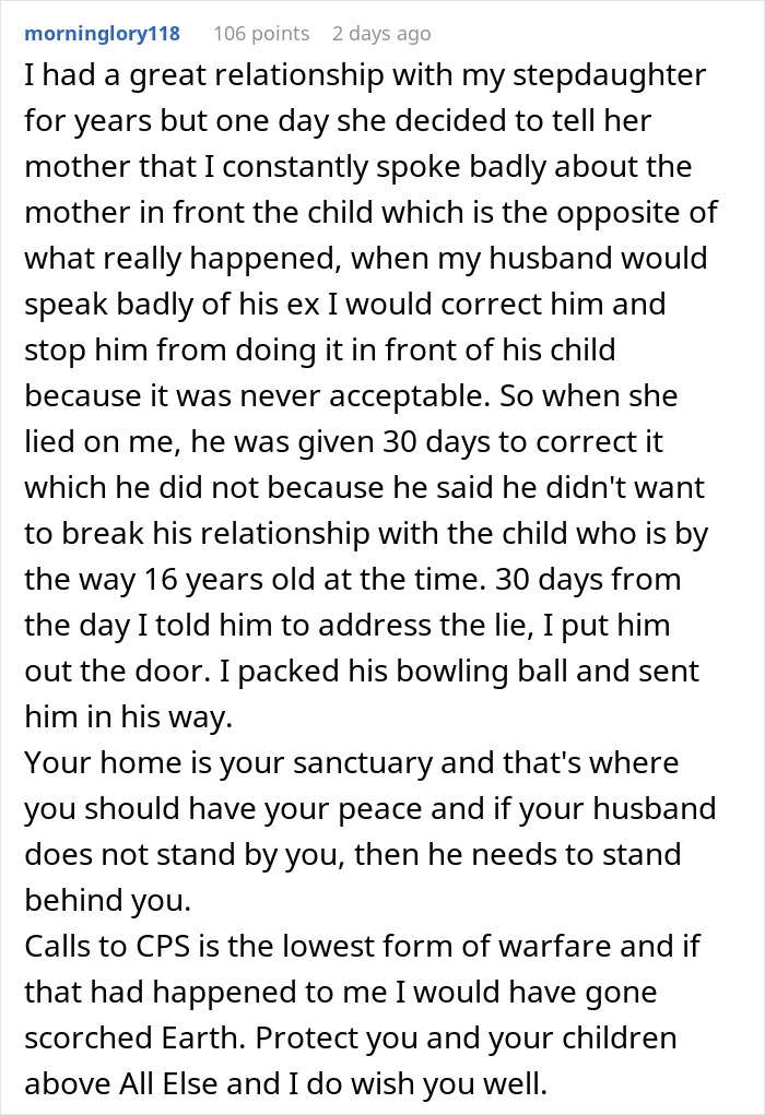 A forum comment about a stepmom experiencing a similar situation where a stepdaughter lied, leading to CPS calls.