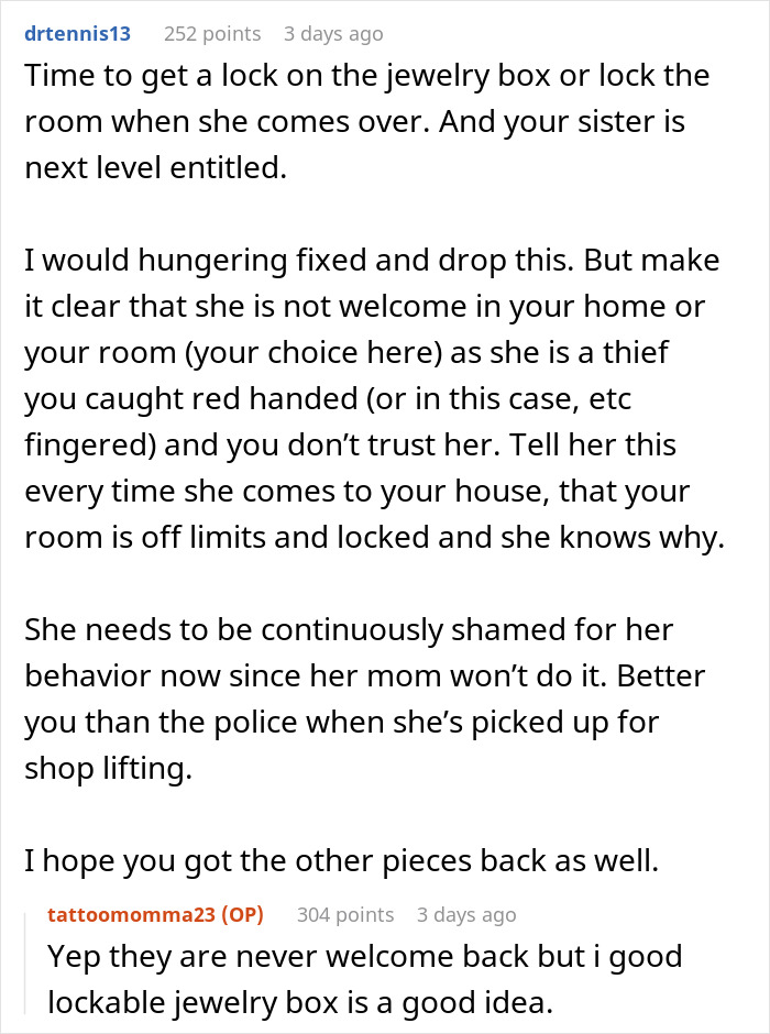 A screenshot of a Reddit comment suggesting locking away jewelry due to a 14-year-old wearing an engagement ring.