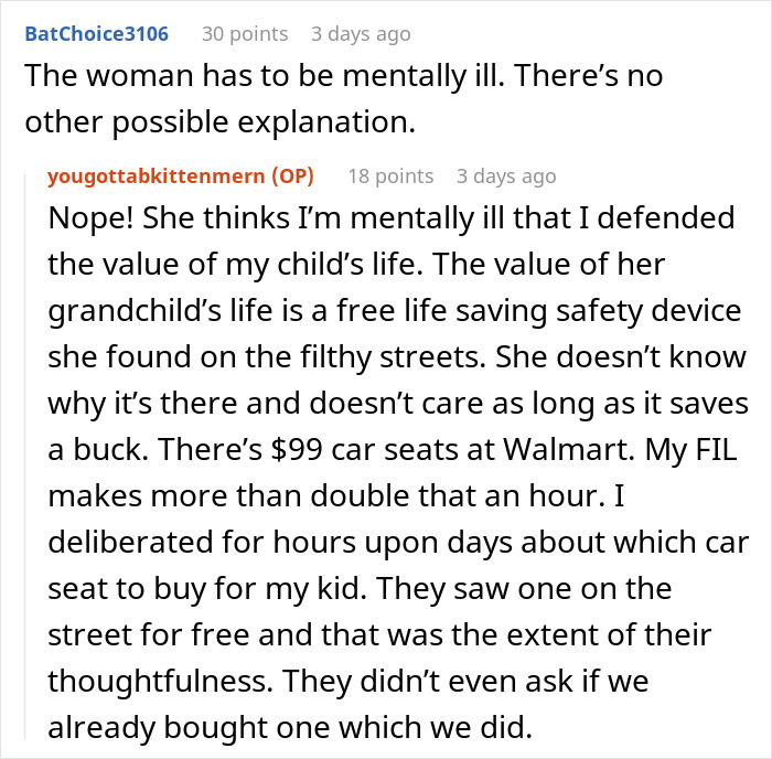 Comment about mental illness and defending child's car seat safety