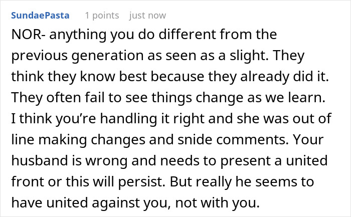 An online comment supporting a wife whose MIL changed her nursery, criticizing the husband for not standing with his wife. An online comment supporting a wife whose MIL changed her nursery, criticizing the husband for not standing with his wife.