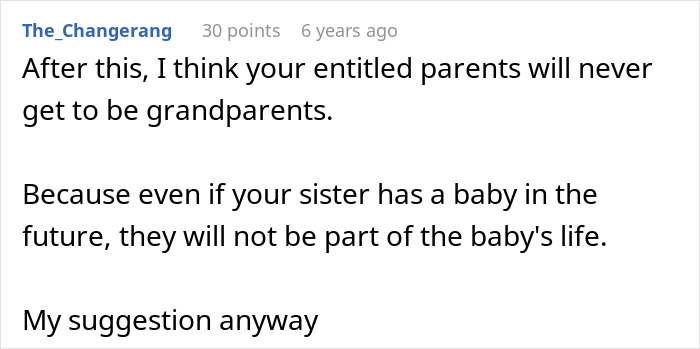 A comment predicting the parents will never be grandparents because of the dad's anger over a grandchild. A comment predicting the parents will never be grandparents because of the dad's anger over a grandchild.