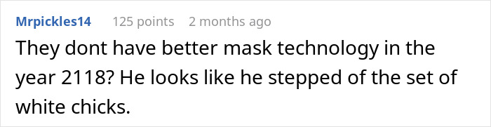 A comment questioning a time traveler about mask technology in 2118, related to chilling war prediction.