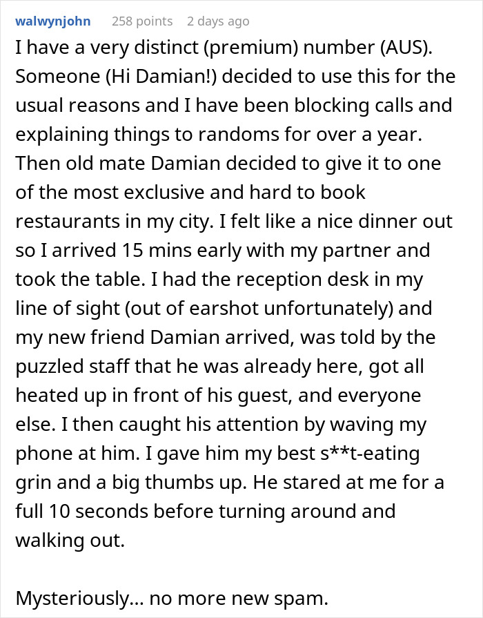 A Reddit comment describing a man's clever petty revenge on someone who gave out his number for spam calls. A Reddit comment describing a man's clever petty revenge on someone who gave out his number for spam calls.