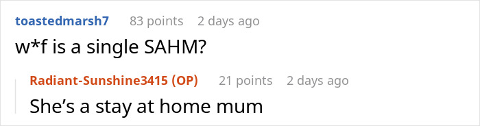 Reddit user asking for the meaning of SAHM, related to the woman and her stepsister's kid.