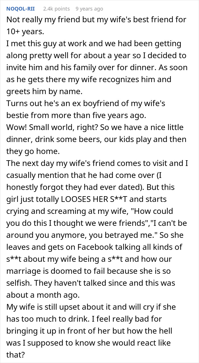 A Facebook drama post about a fake friend overreacting to her husband's coworker being her ex.