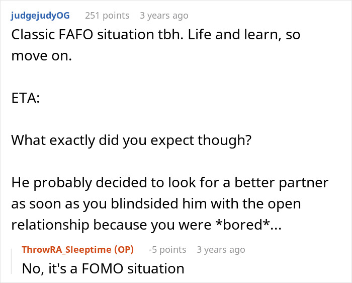 Social media comment calling a failed open relationship a classic case of finding out after messing around. Social media comment calling a failed open relationship a classic case of finding out after messing around.