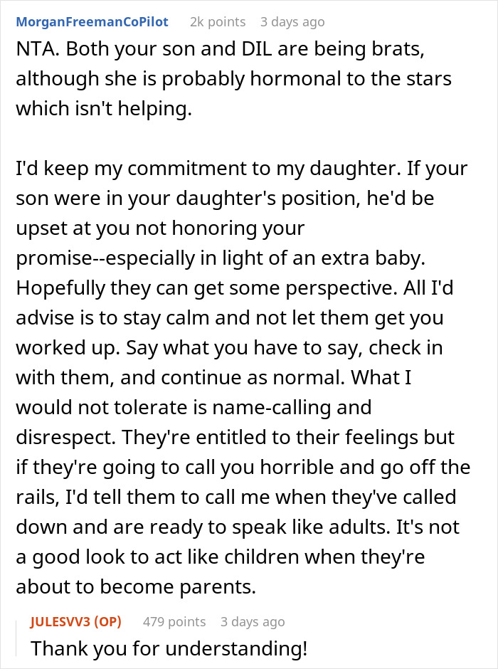 A screenshot of a forum comment supporting a mother-in-law to stay with her daughter and twin newborns. A screenshot of a forum comment supporting a mother-in-law to stay with her daughter and twin newborns.