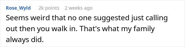 A comment suggesting a simple call out before walking in, related to a husband refusing to listen to his wife. A comment suggesting a simple call out before walking in, related to a husband refusing to listen to his wife.