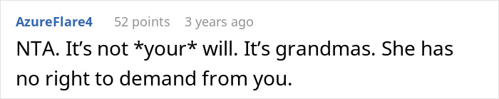 A screenshot of a comment on inheritance drama, stating the woman has no right to demand from the will. A screenshot of a comment on inheritance drama, stating the woman has no right to demand from the will.