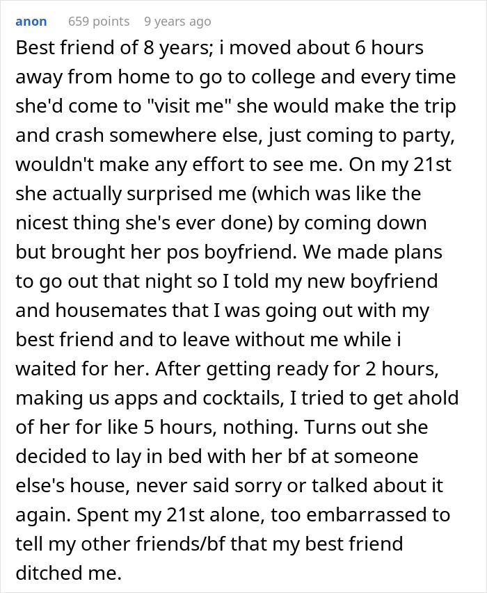 A post about a fake friend who ditched her best friend on her 21st birthday to stay with her boyfriend.