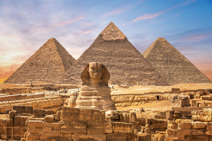 The Great Sphinx and pyramids of Giza, iconic historical facts of ancient Egypt.