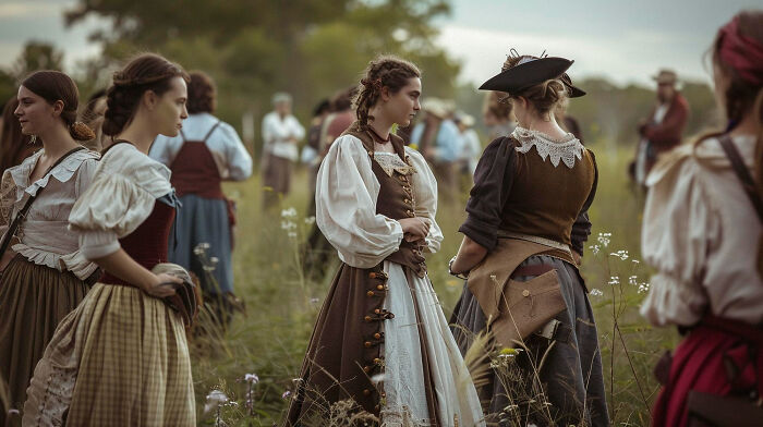 Women in historical costumes talking in a field, illustrating made up historical facts.