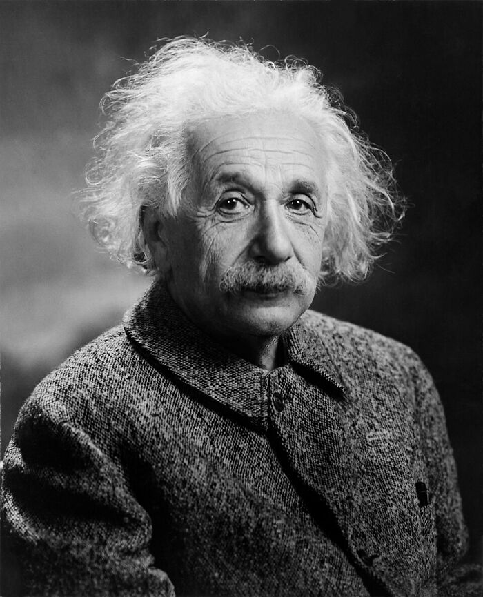 A black and white portrait of Albert Einstein, challenging common historical facts.