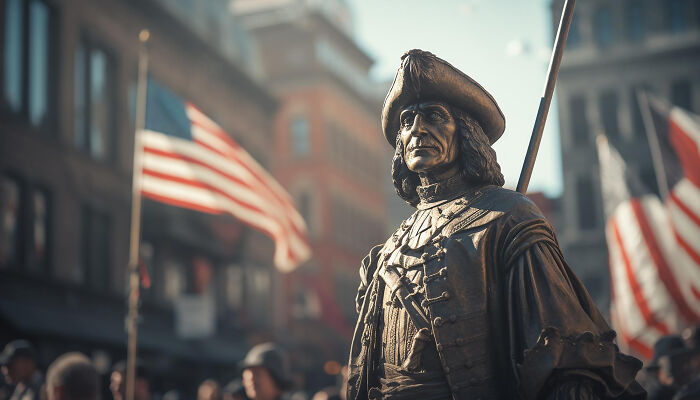 A historical facts statue of Christopher Columbus in a city, with American flags in the background, showing historical facts.