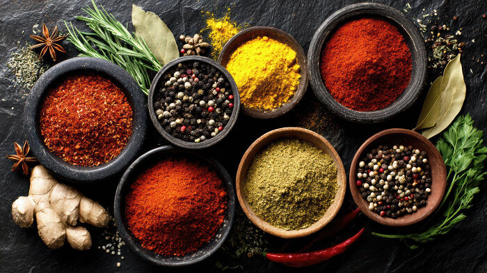 Historical facts about spices: An overhead view of various colorful spices in bowls, some beliefs are made up.