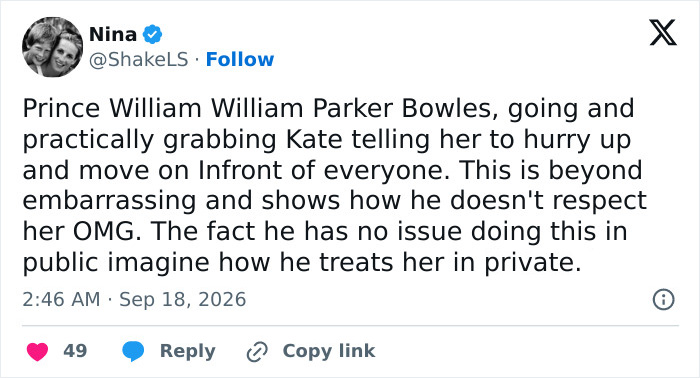 A Twitter post by Nina expressing concern for Kate Middleton due to Prince William's public behavior towards her.