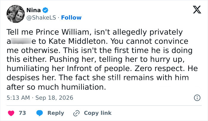 A tweet by Nina discussing Prince William's public behavior towards Kate Middleton, highlighting concern for Kate Middleton.