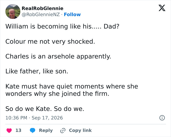 A tweet by RealRobGlennie expressing concern for Kate Middleton and comparing Prince William's public behavior to his father's.
