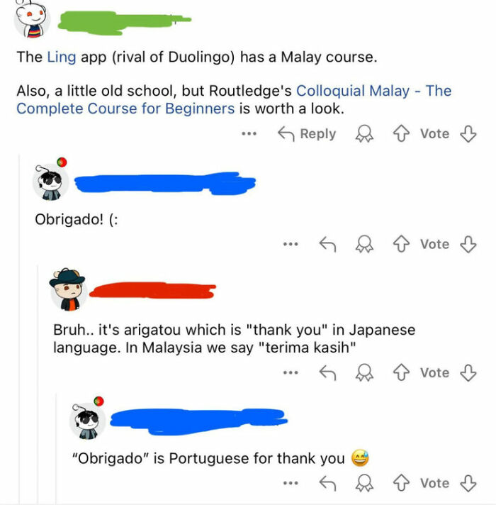 Reddit thread mixing up thank you translations in languages.