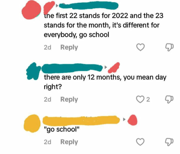 Comment thread arguing over months and days with phrase go school used