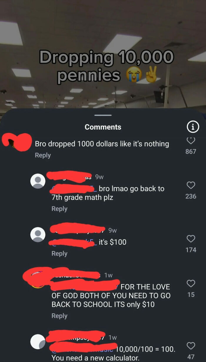 Comments debating value of dropped 10,000 pennies showing confused math