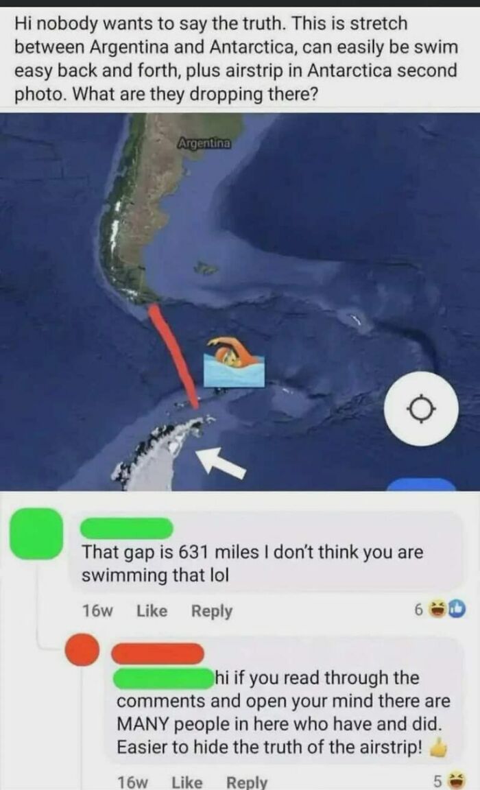 Map showing 631 mile gap between Argentina and Antarctica with debate about swimming distance