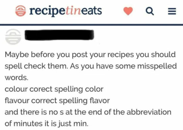 Recipe comments criticizing spelling mistakes in cooking instructions online