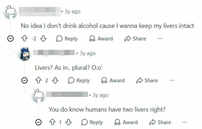 Funny comment claiming humans have two livers in a proudly stupid online example