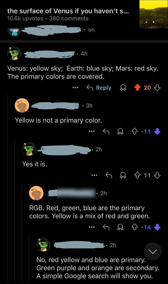 Reddit argument about primary colors yellow, red, and blue highlights facepalm-worthy ignorance online
