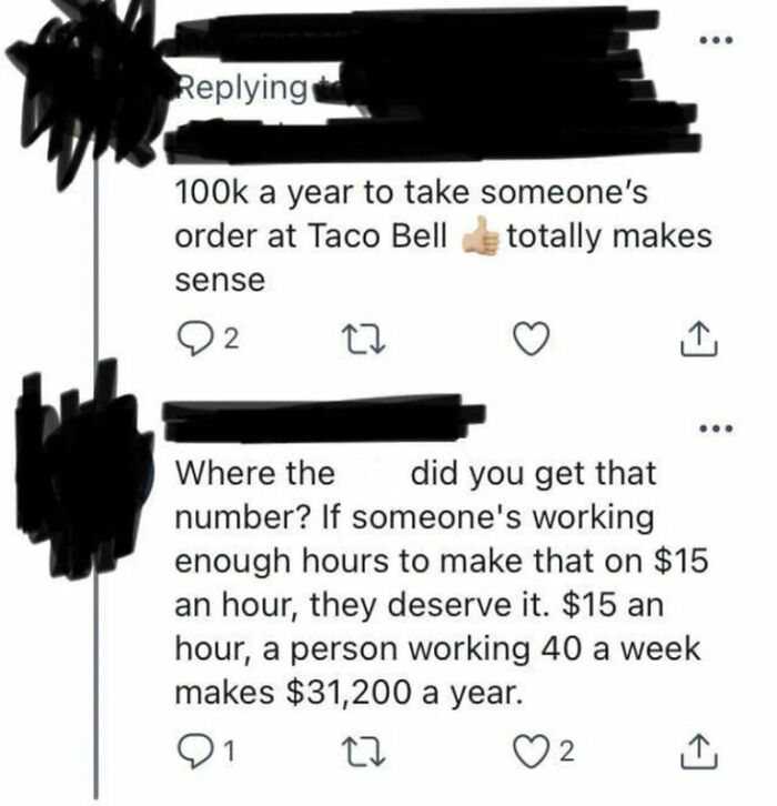 Funny online comment miscalculating Taco Bell worker salary.