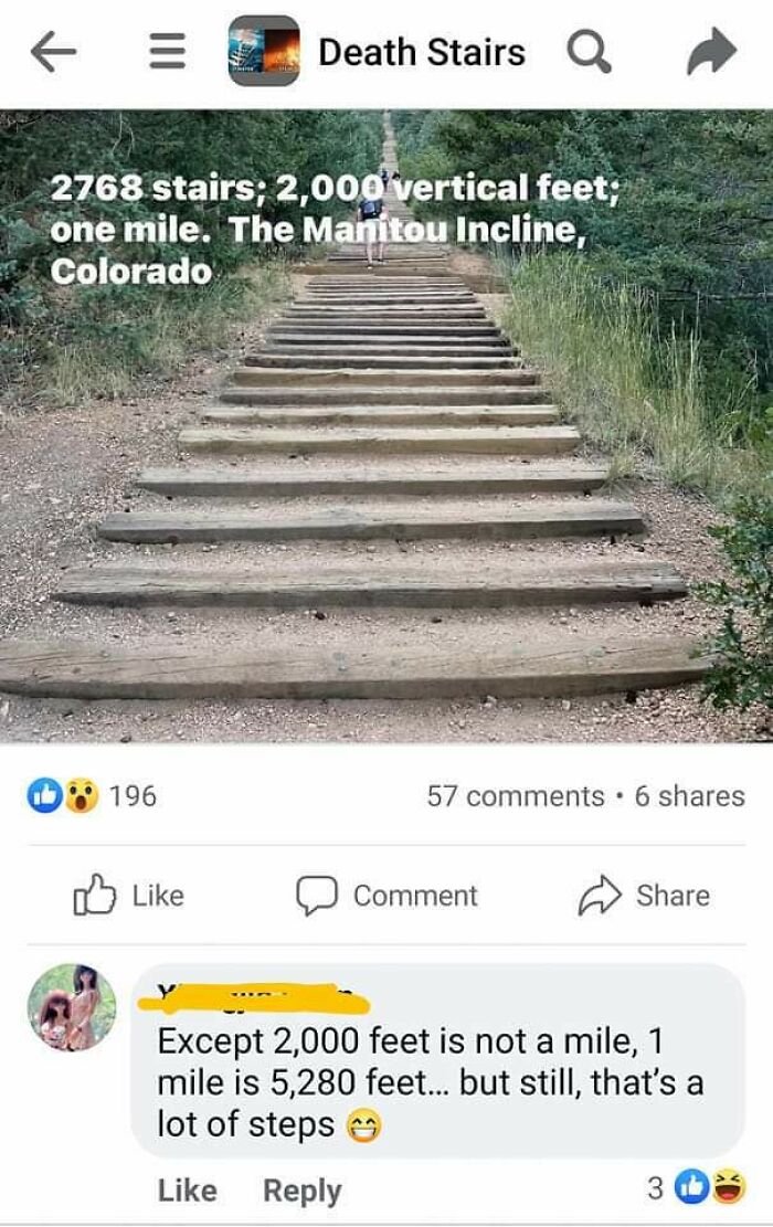 Photo of Manitou Incline stairs with comment correcting vertical feet to miles mistake
