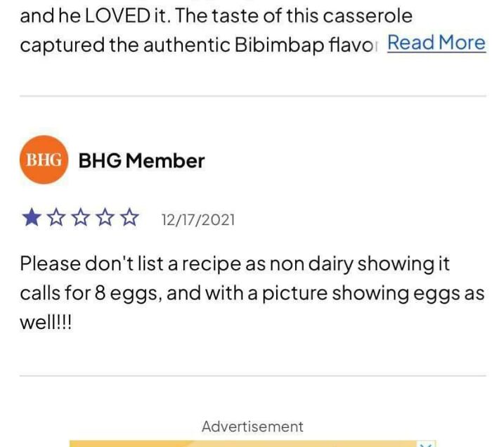 User review criticizes recipe listing 8 eggs as non-dairy on cooking website