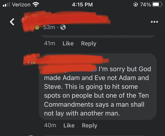 Social media comment citing Adam and Eve and Ten Commandments