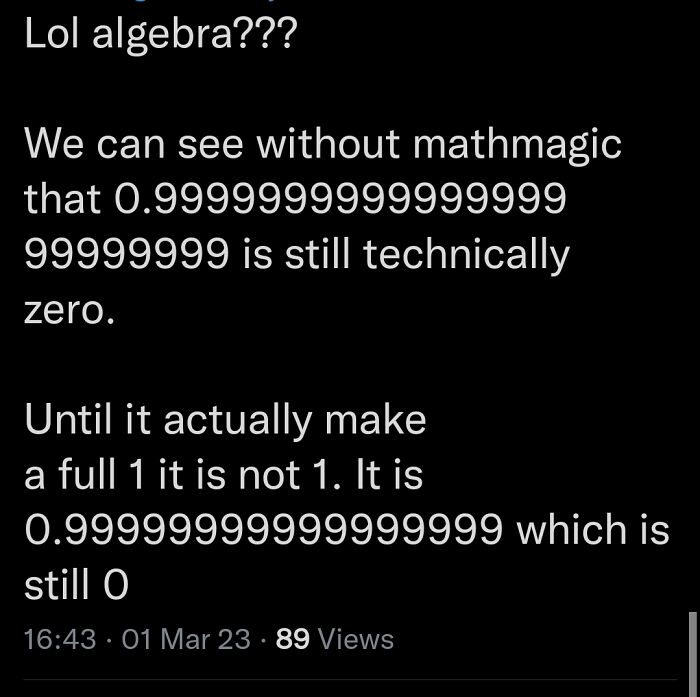 Social media post wrongly claiming 0.9999 repeating equals zero