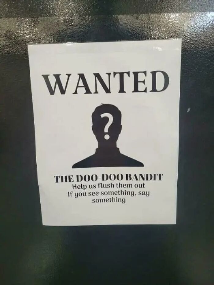 An unhinged image of a WANTED poster for THE DOO-DOO BANDIT asking for help to flush them out.