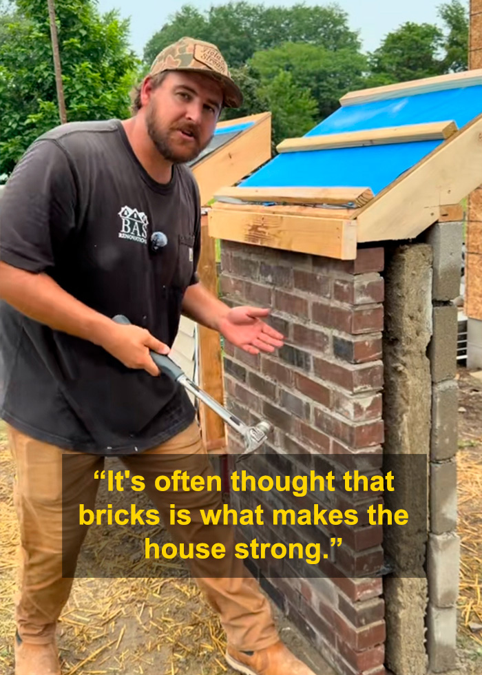 Construction expert discusses home building methods, showing brickwork for Europe vs USA home construction. Construction expert discusses home building methods, showing brickwork for Europe vs USA home construction.