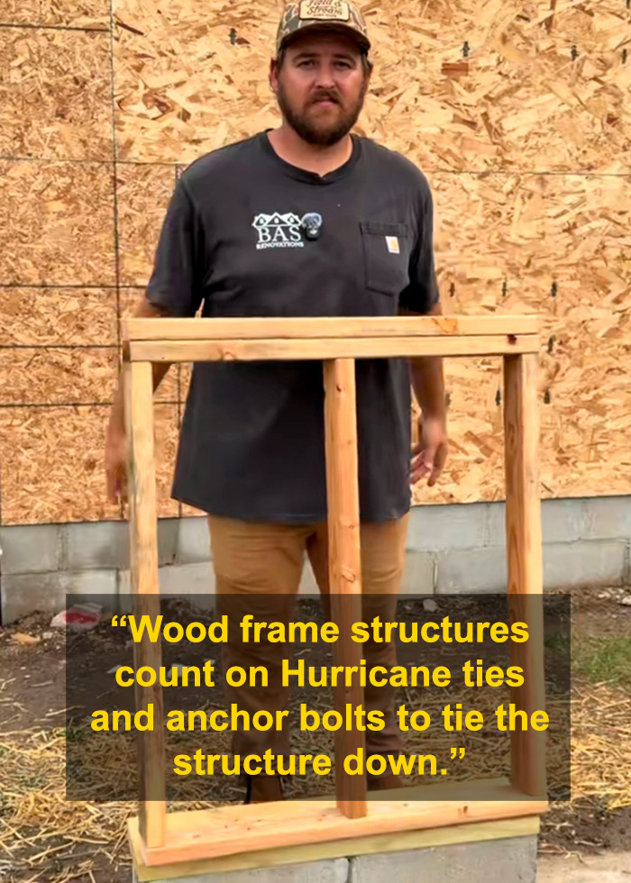 Construction expert explaining wood frame structures, hurricane ties, and anchor bolts in home building debate. Construction expert explaining wood frame structures, hurricane ties, and anchor bolts in home building debate.